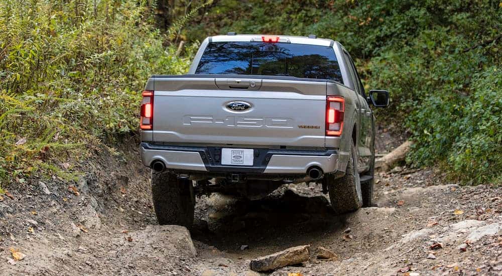 A silver 2021 Ford F-150 Tremor from the rear.