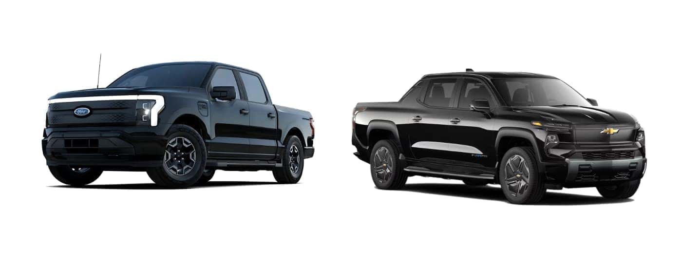 A black 2025 Ford F-150 Lightning vs a black 2025 Chevy Silverado EV
