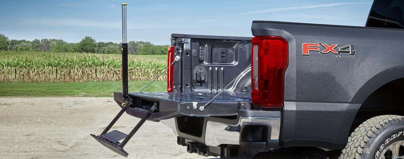 Close-up of a tailgate step on a gray 2025 Ford F-250 FX4.