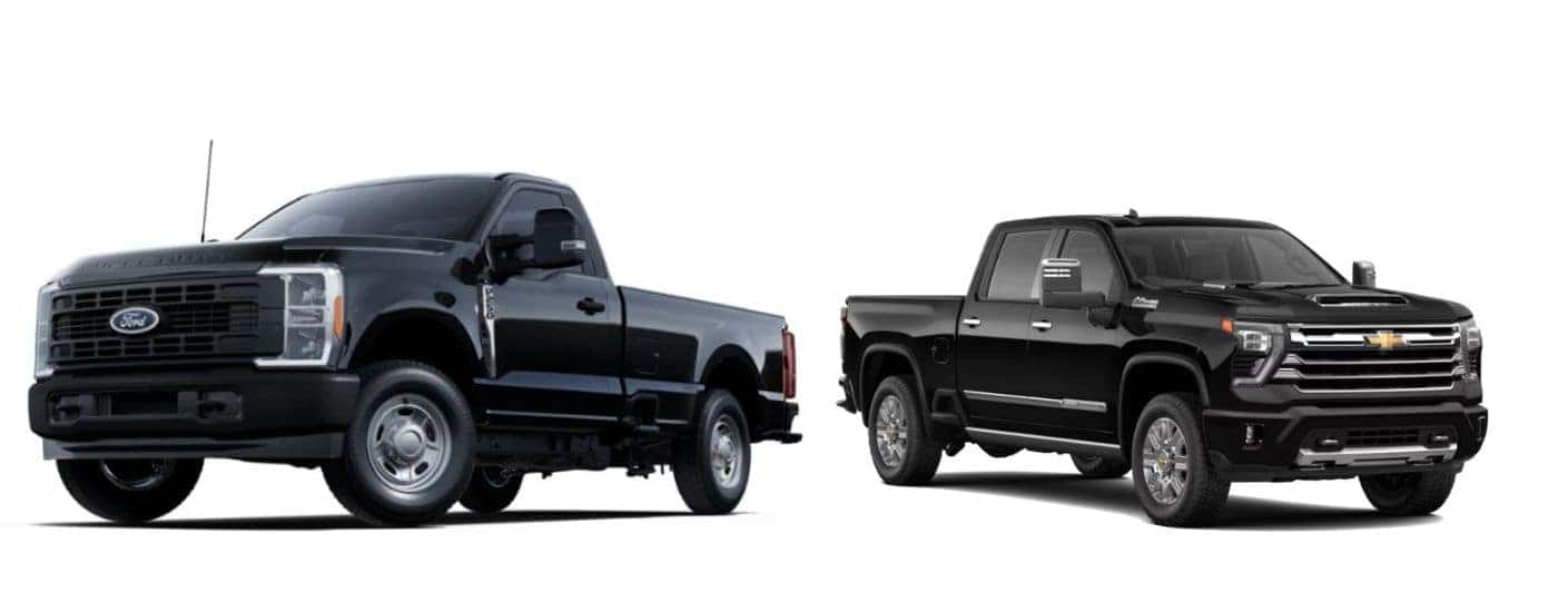 A black 2025 Ford F-250 vs a 2025 Chevy Silverado 2500 High Country.
