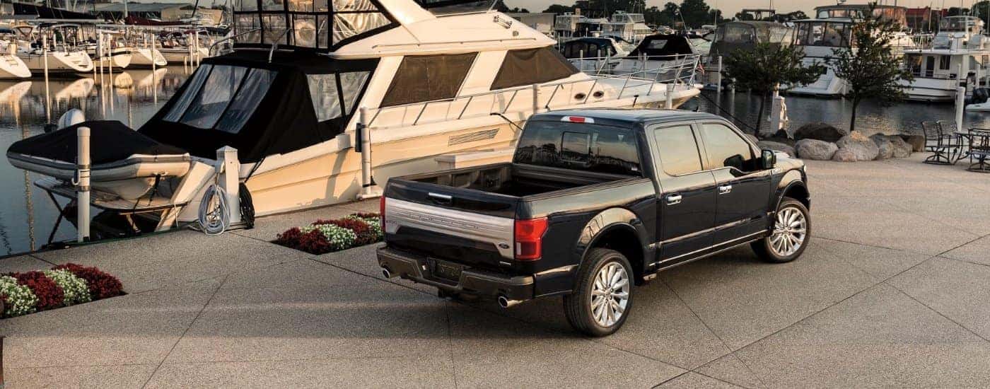 A black 2019 Ford F-150 for sale near Troy at a marina.