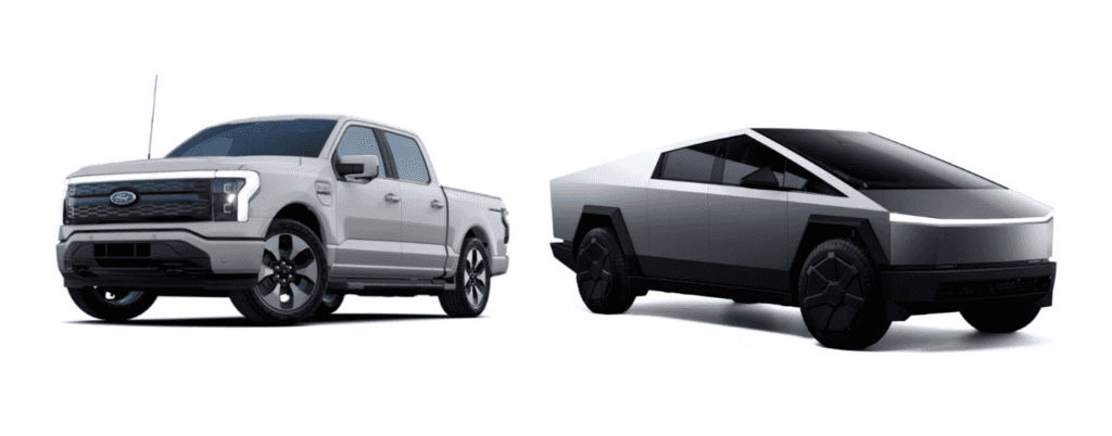 2025 A silver Ford F-150 Lightning vs a silver 2025 Tesla Cybertruck