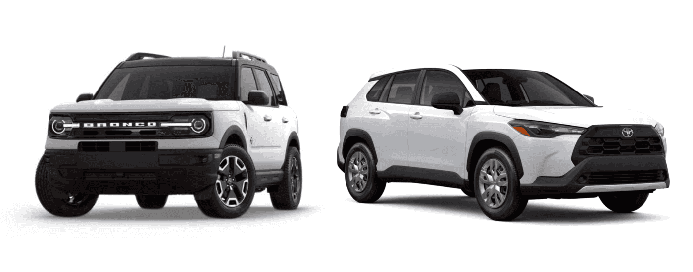 A white 2025 Ford Bronco Sport vs a white 2025 Toyota Corolla Cross