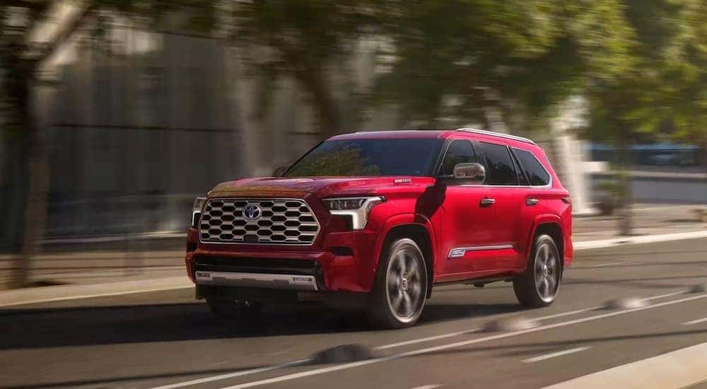A red 2023 Toyota Sequoia from the front at an angle.