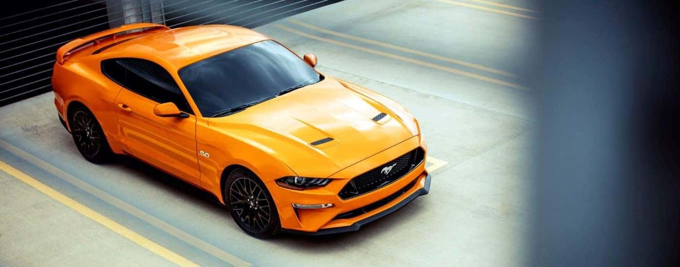 Orange 2018 Ford Mustang GT from above