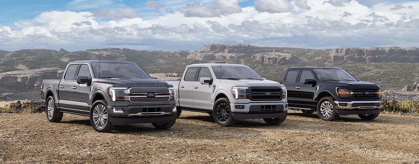 Three 2026 Ford F-150s overlooking a mountain view