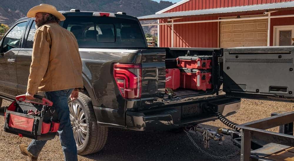 Truck bed on a 2026 Ford F-150 with tools in it