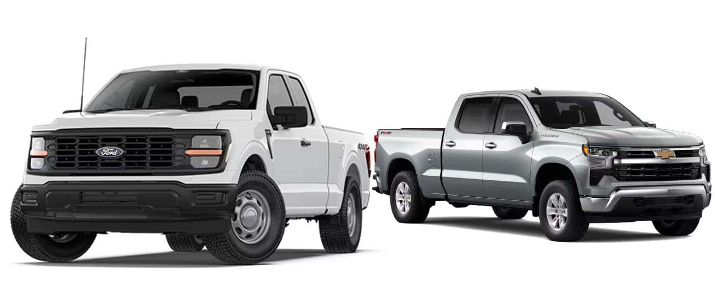 A white 2026 Ford F-150 vs a silver 2026 Chevy Silverado 1500
