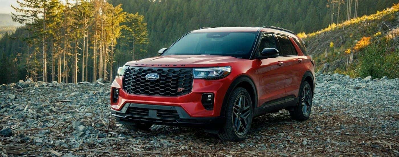 A red 2026 Ford Explorer from the front after leaving a Ford dealership near Hoosick.