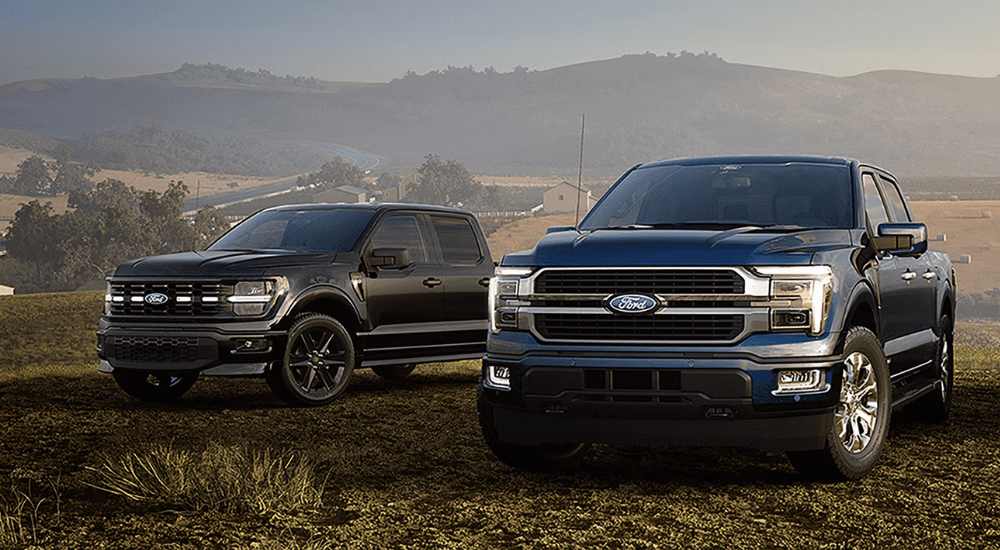 A black and a blue 2026 Ford F-150 park side by side
