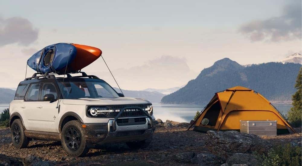 White 2026 Ford Bronco Sport parked on a campsite