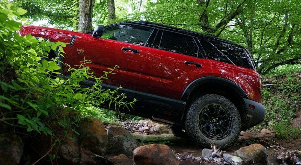 Red 2026 Ford Bronco Sport parked up a hill off-road.
