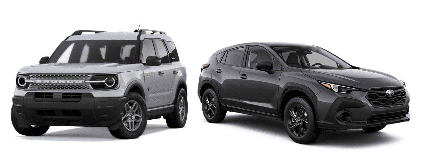 Silver 2026 Ford Bronco Sport next to a black 2026 Subaru Crosstrek
