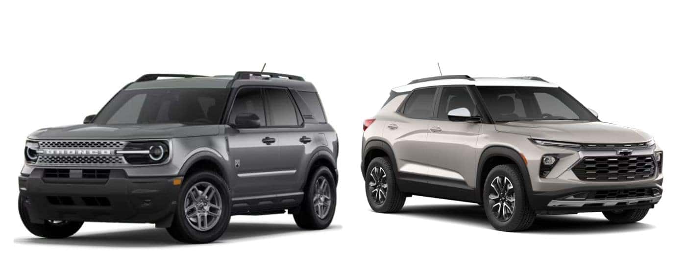 A gray 2026 Ford Bronco Sport vs a white 2026 Chevy Trailblazer.
