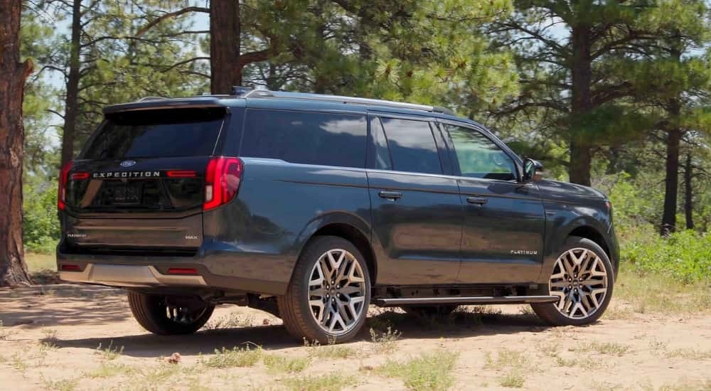 Black 2026 Ford Expedition MAX Platinum parked in the woods