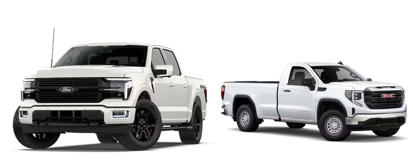A white 2026 Ford F-150 vs a white 2026 GMC Sierra 1500.