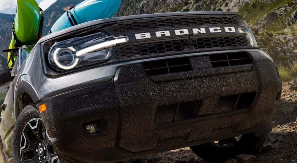 Grey 2026 Ford Bronco Sport close up with kayaks on the roof