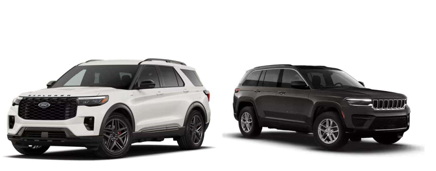 A white 2026 Ford Explorer vs a black 2026 Jeep Grand Cherokee L