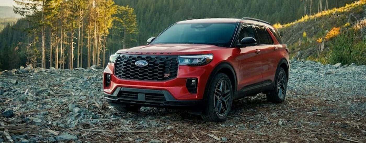 A red 2026 Ford Explorer parked offroad.