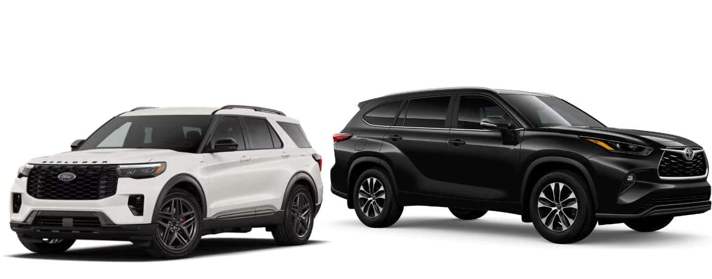 A white 2026 Ford Explorer vs a black 2026 Toyota Highlander