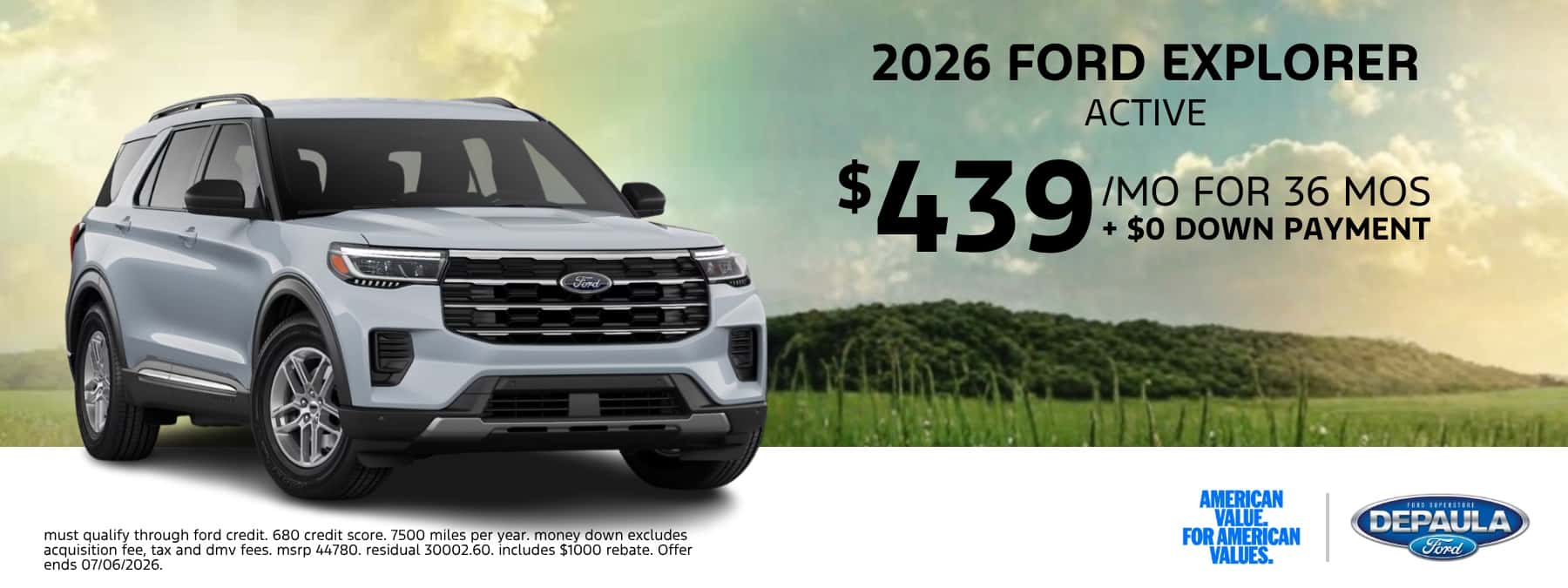 2026 FORD EXPLORER ACTIVE $439/MO FOR 36 MOS + $0 DOWN PAYMENT