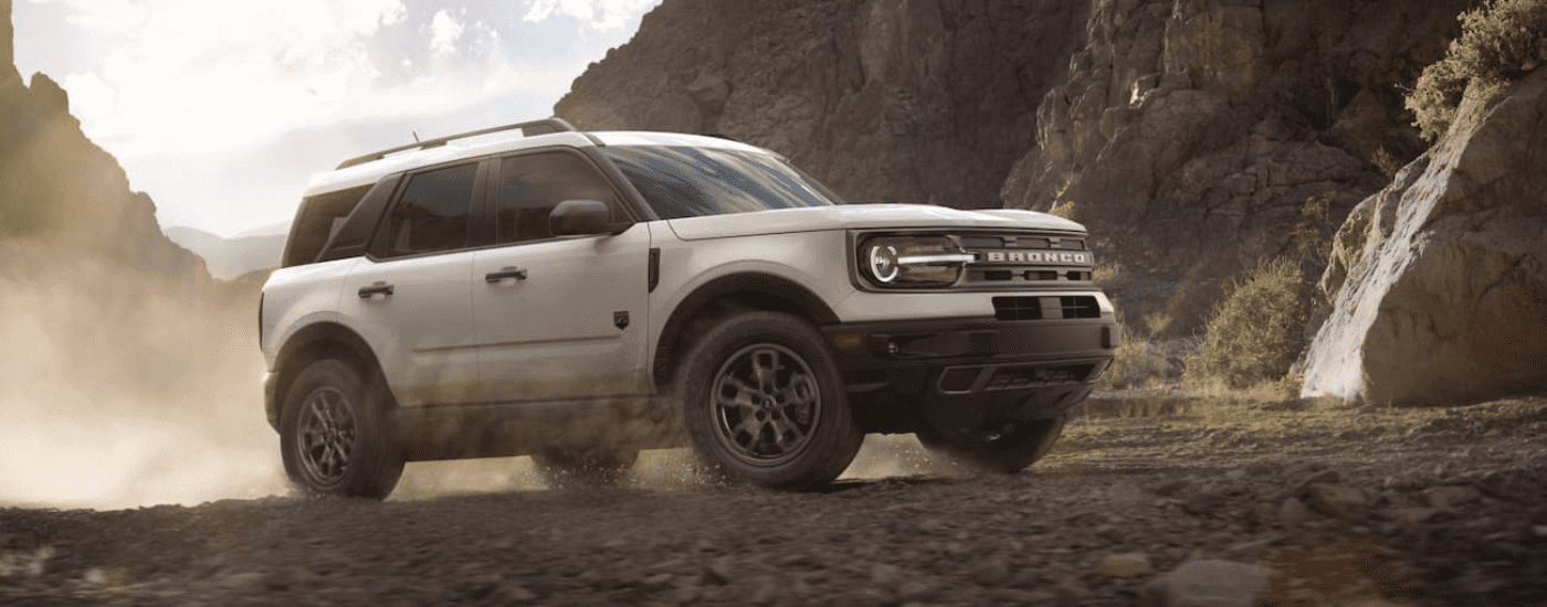White 2021 Ford Bronco Sport parked off-road at an angle