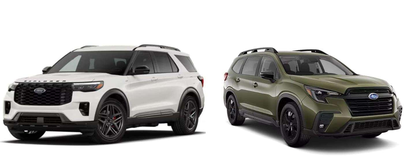 A white 2026 Ford Explorer vs a green 2026 Subaru Ascent.