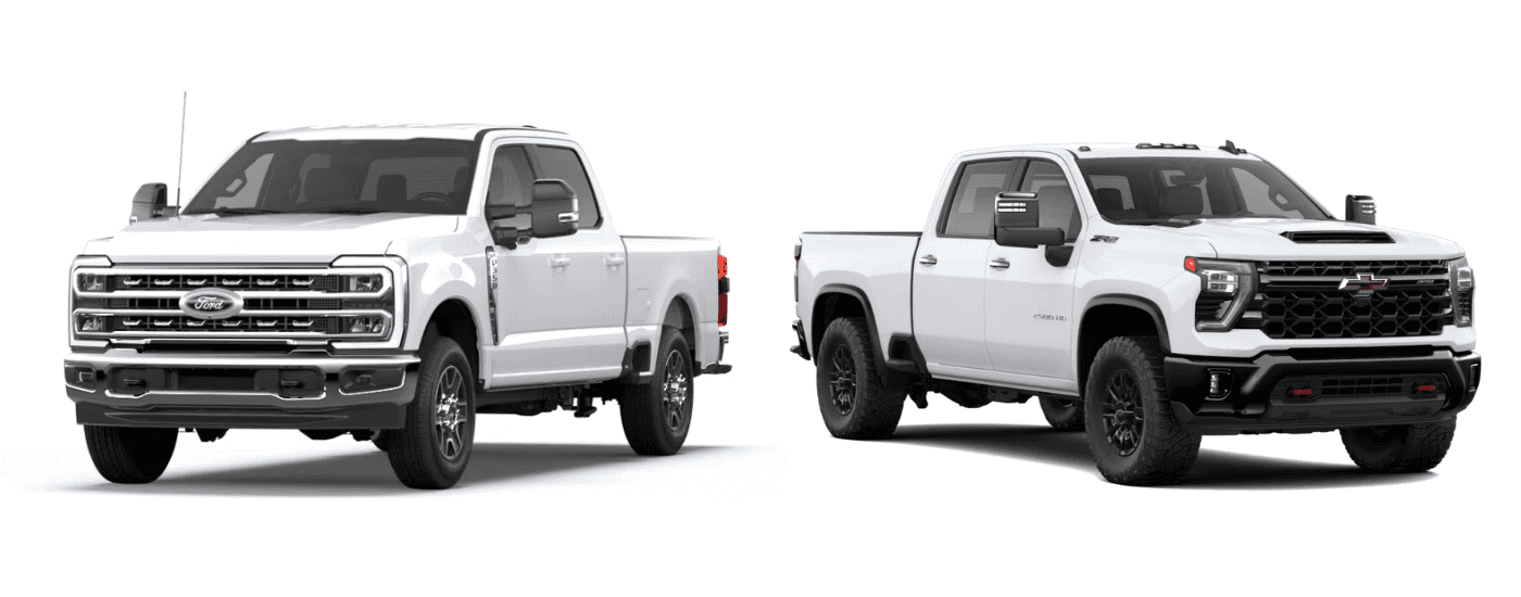 A white 2026 Ford F-350 vs a white 2026 Chevy Silverado 3500 HD