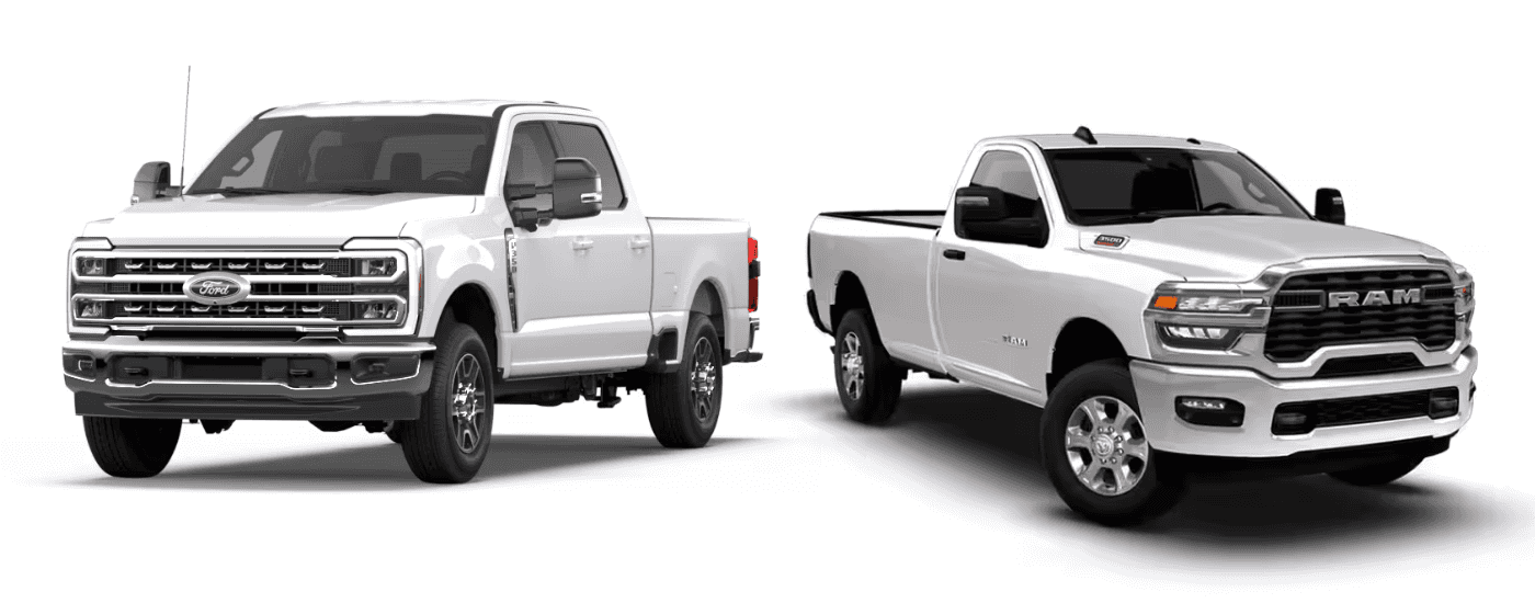A white 2026 Ford F-350 vs a white 2026 Ram 3500