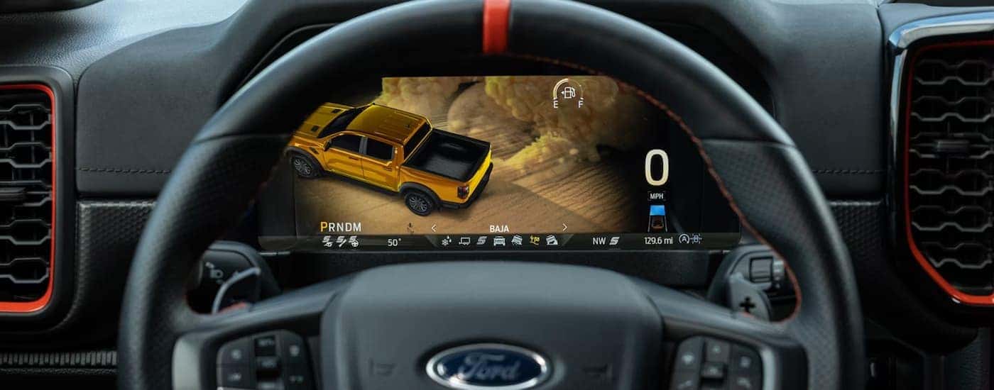 Digital display cluster behind steering wheel on a 2026 Ford Ranger