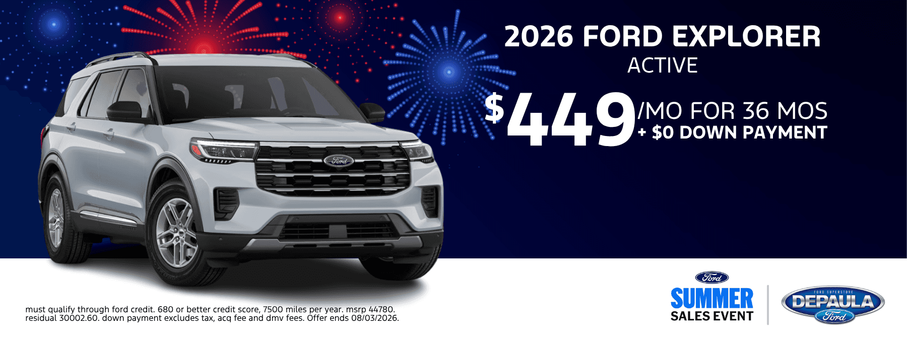 2026 FORD EXPLORER ACTIVE $449 / MO FOR 36 MOS + $0 DOWN PAYMENT