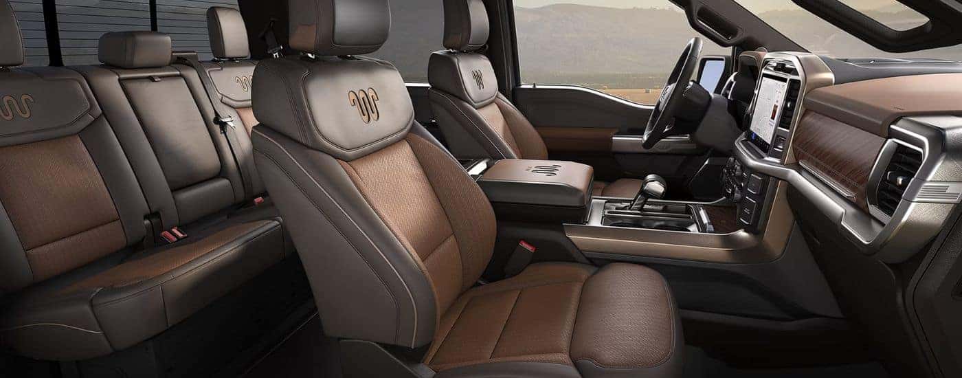 The brown leather interior of a 2026 Ford F-150 XLT.