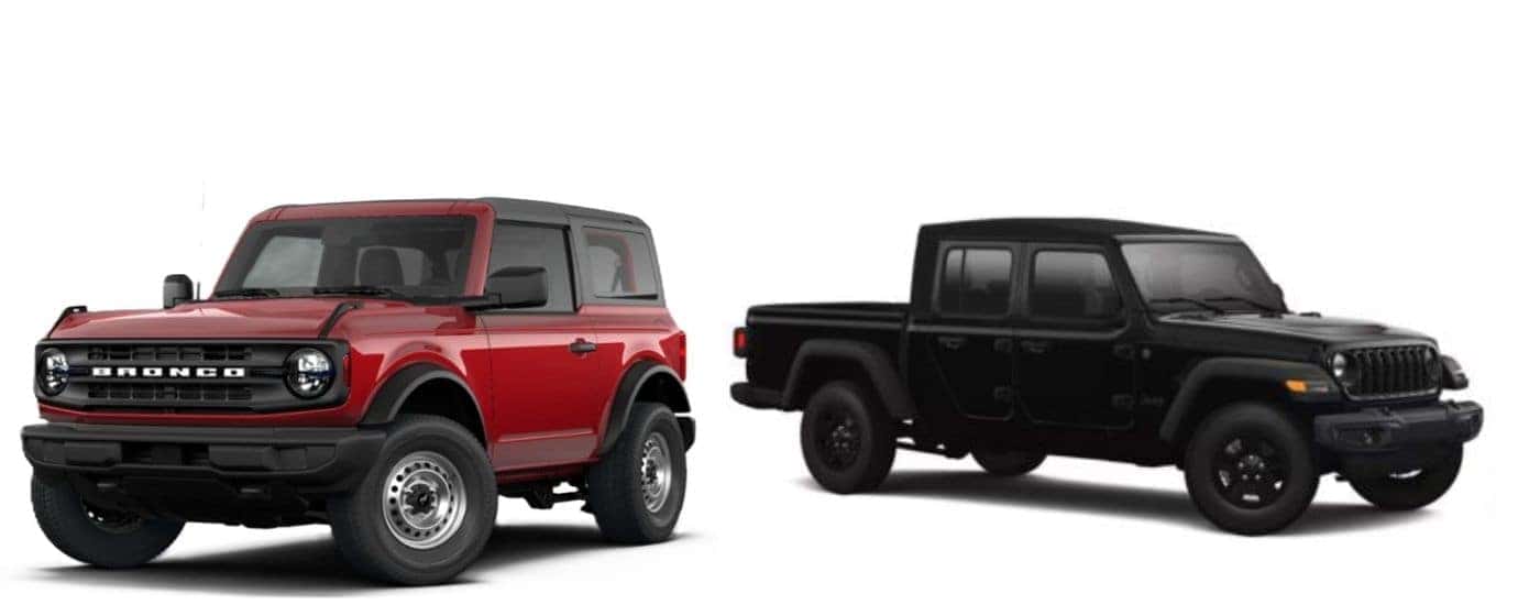 A red 2026 Ford Bronco vs a black 2026 Jeep Gladiator.