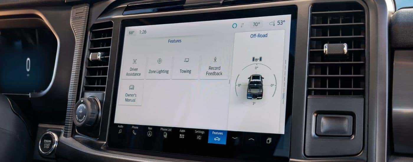 The infotainment display on a 2026 Ford F-150 showing some features.