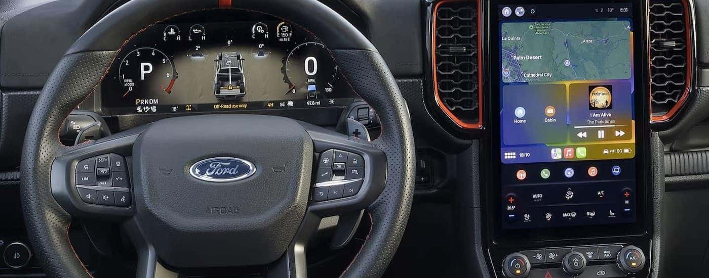 Steering wheel and infotainment screen in a 2026 Ford Ranger.