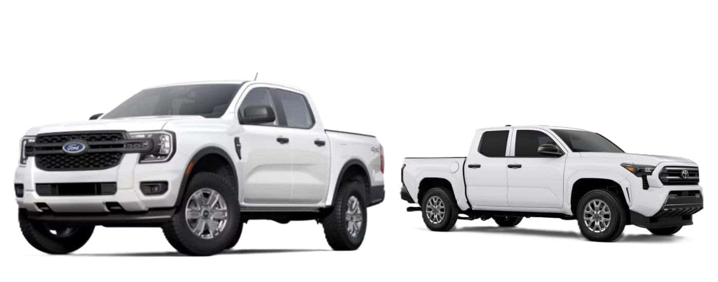 A white 2026 Ford Ranger vs a white 2026 Toyota Tacoma.