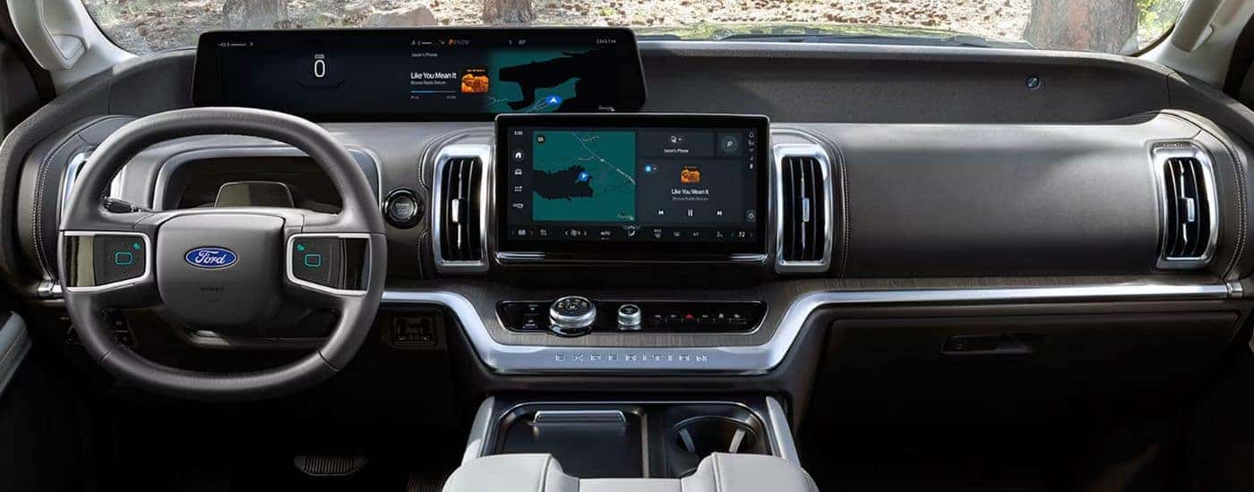 The infotainment display and steering wheel on a 2027 Ford Expedition.