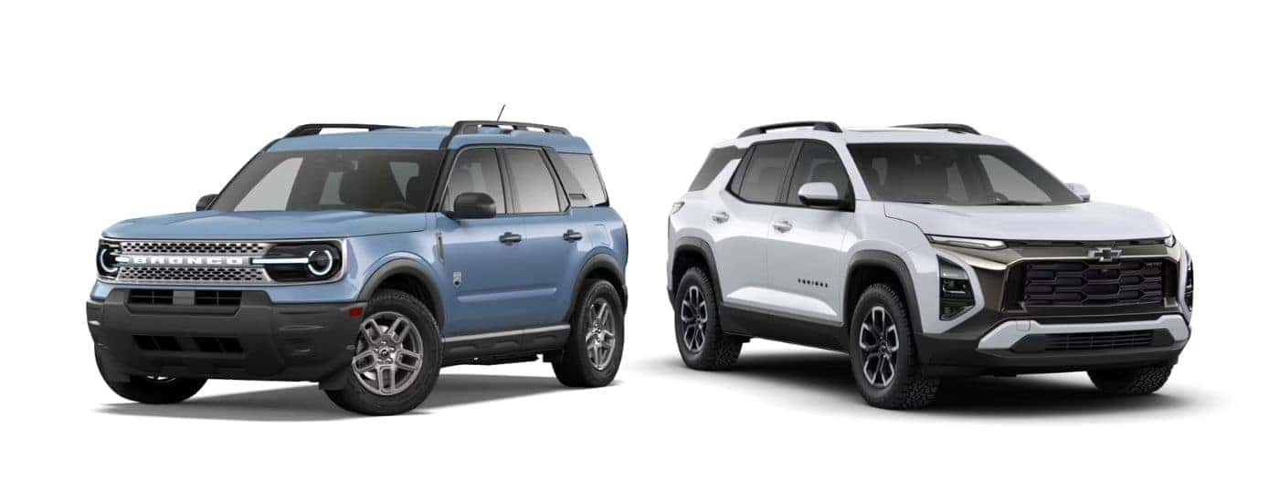 A blue 2026 Ford Bronco Sport angled left and a white 2026 Chevy Equinox angled right.