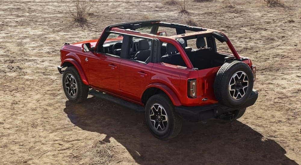 Aerial view of a red 2024 Ford Bronco parked offroad.