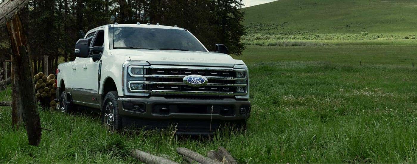A white 2027 Ford F-350 towing logs off-road.