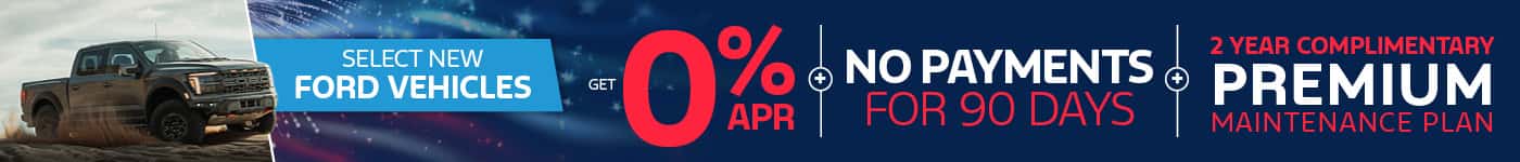 Select New Ford Vehicles - July APR + 0 Payments + Complimentary Service Plan Desktop SRP Banner