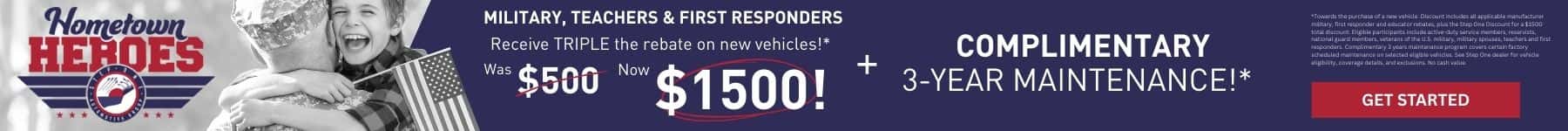 For those who serve we go the extra mile. Military, Teachers & First Responders receive TRIPLE the rebate on new vehicles! + complimentary 3-years maintenance at Step One Ford Crestview in Crestview, FL. Select the image to view New Inventory.