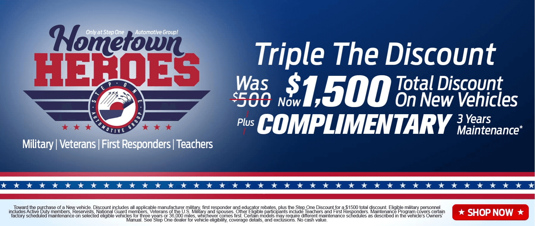 Triple your military discount to $1500 PLUS complimentary 3 years maintenance at Step One Ford Crestview in Crestview, Florida