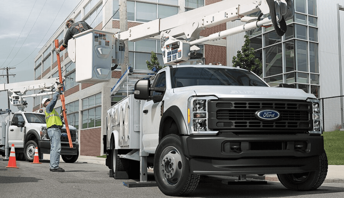 2026 Ford Super Duty Chassis Cab bucket truck upfit at jobsite near Cookeville TN Ford of Cookeville