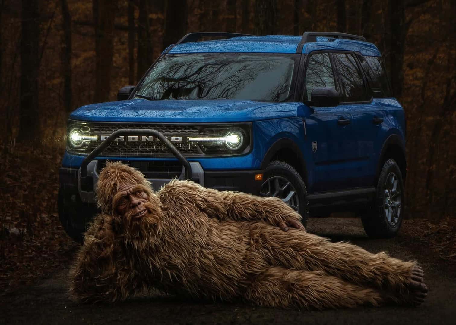 Brown, furry sasquatch lies down like a model in front of a blue 2025 Ford Bronco Sport as rain falls during a dark fall day.