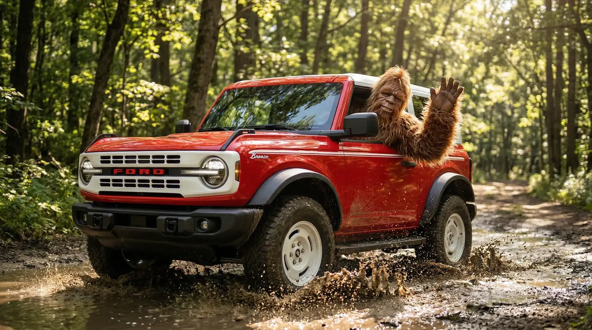 Brown, furry sasquatch drives a 2025 red Bronco Heritage edition through a muddy, wooded trail.