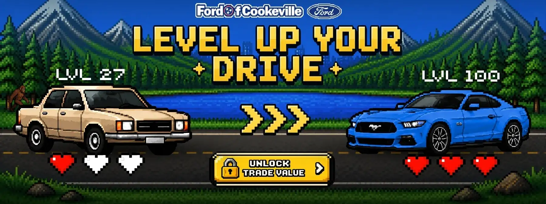 Retro 8-bit Ford of Cookeville promotional graphic reading “Level Up Your Drive,” featuring a beige pickup truck on the left marked Level 27, a blue Ford Mustang on the right marked Level 100, a pixel-art mountain and lake background, and a central button that says “Unlock Trade Value.”