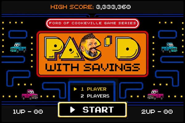 Retro Pac-Man–style Ford of Cookeville game graphic