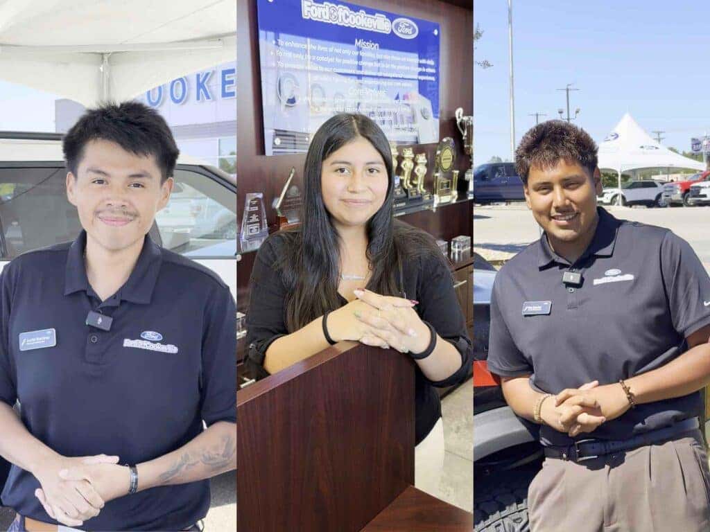 Justin Ramirez a la izquierda, Maria en el centro e Iker Barrita a la derecha, sonriendo en un montaje de tres fotografías en Ford of Cookeville.