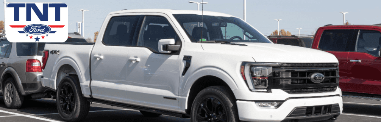 A lineup of used Ford F-150 trucks on display at TNT Ford dealership in Red Oak, IA
